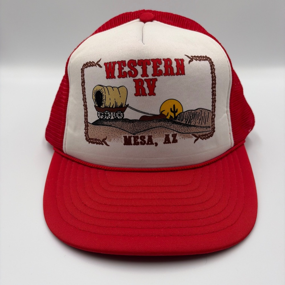 Vintage Mesa AZ Snapback Trucker Hat Mens OSFA Red Western RV Covered Wagon Mesh